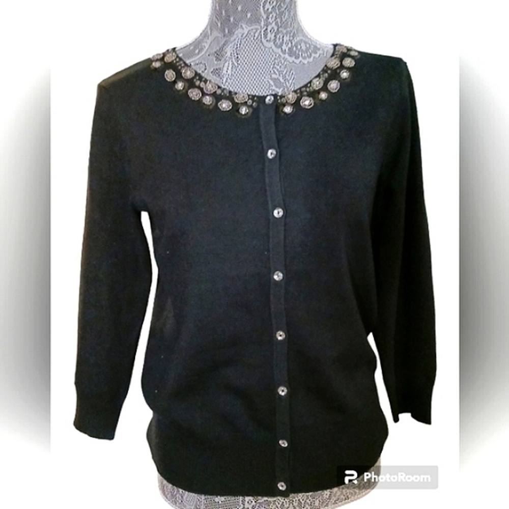 Nwt Cable & Gauge Black Cardigan Beaded Sweater, Size Medium